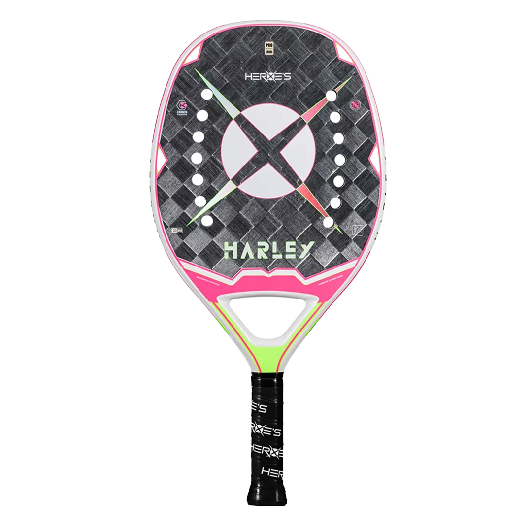 a beach tennis racket silver, pink and yellow from heroes brand
